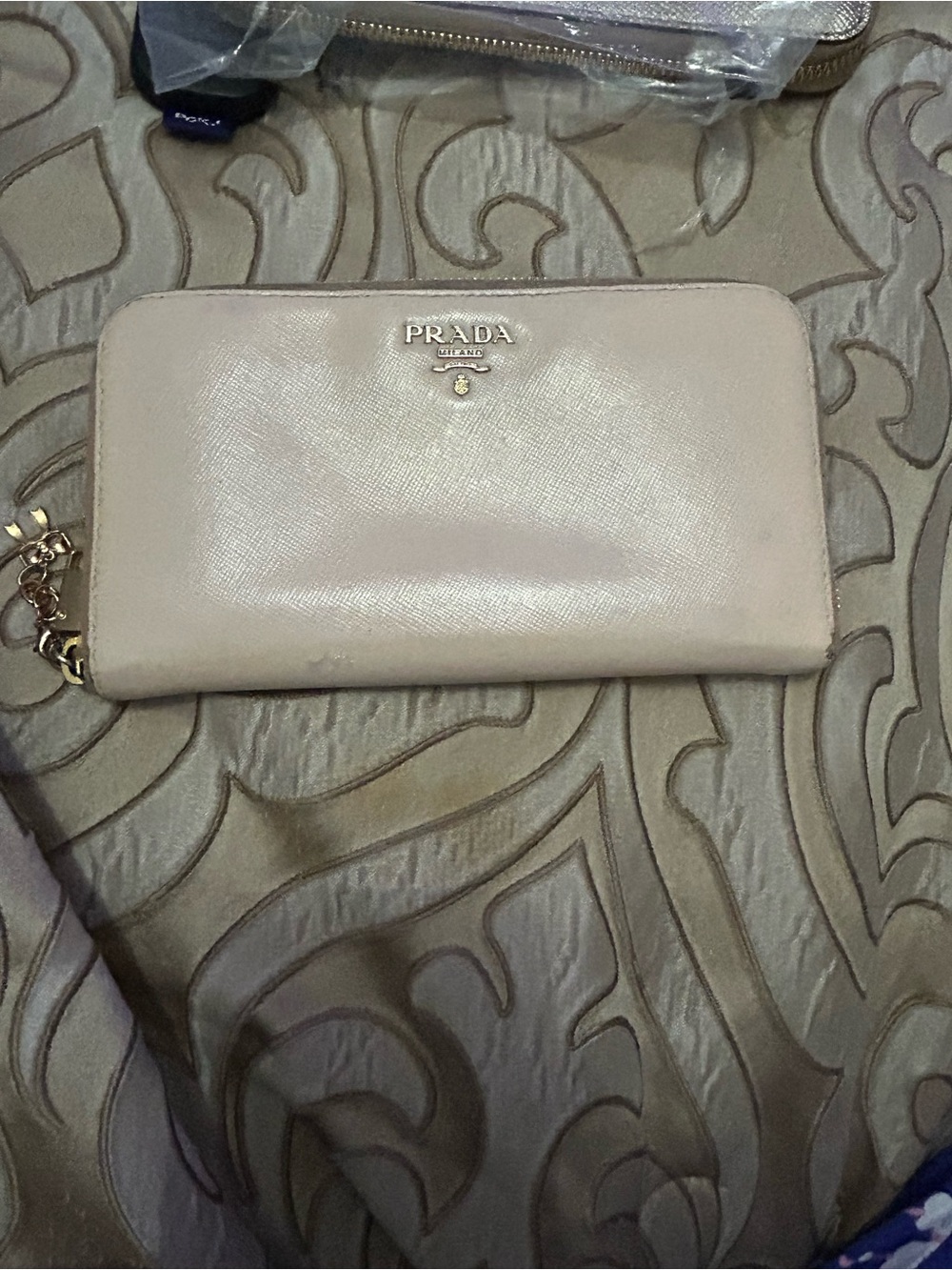 Prada Pale Pink Saffiano Zip Wallet with Gold Logo